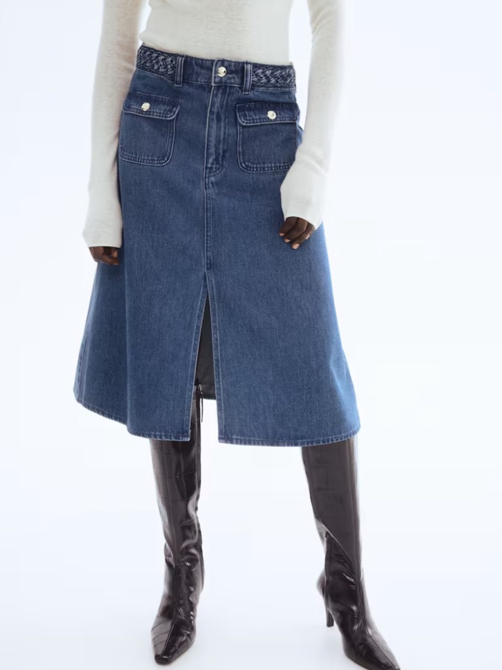 NWT H&M Blue Denim Midi Skirt with Front Slit and Braided Waistband